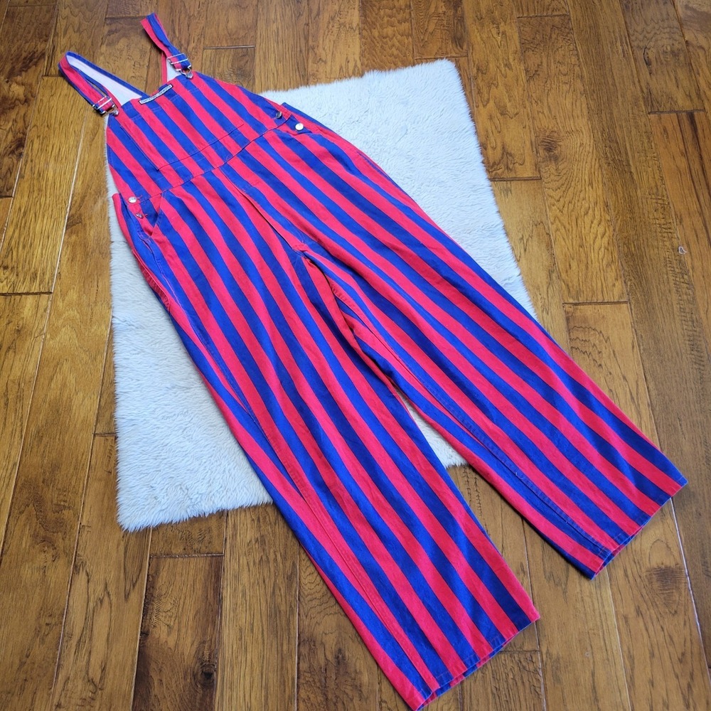 Game Bibs Overalls Men's Medium Red Blue Striped Cotton Fan Pants